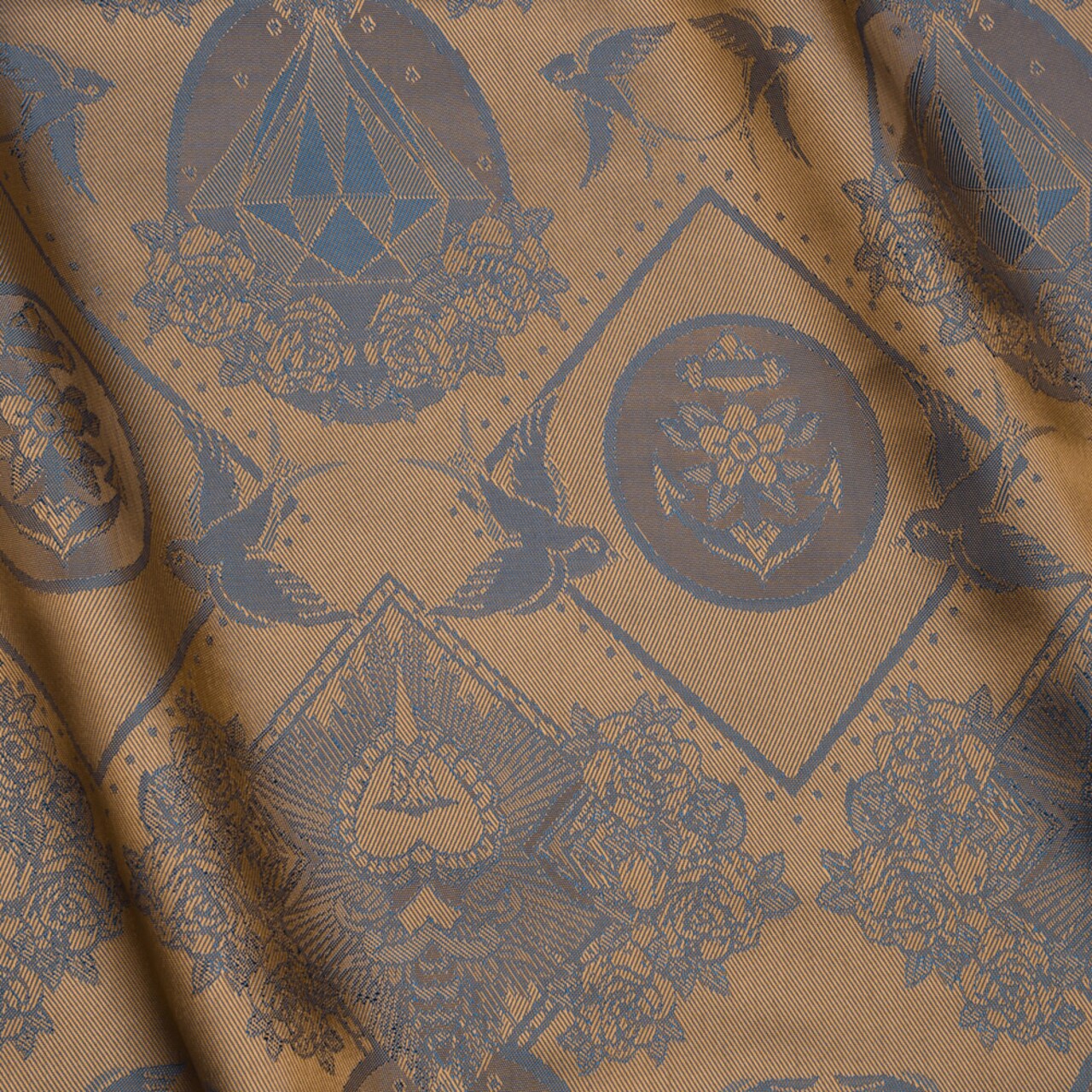 1 Yard Blue and Beige Gems and Doves Jacquard Lining Fabric 55 Inch Width